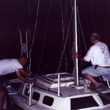 Gary Sanford rigging Raven in the dark